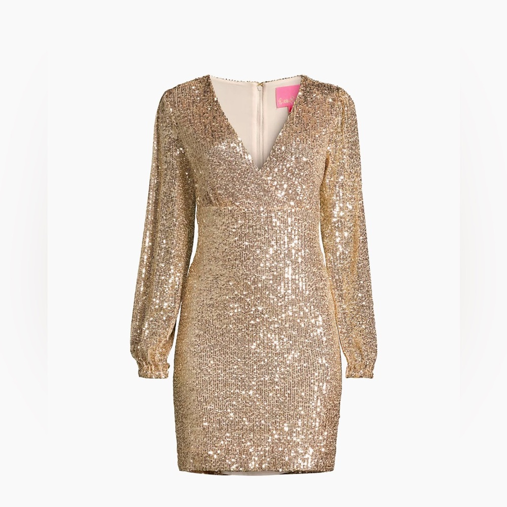 NWT Lilly Pulitzer Reagan Gold Sequin Long-Sleeve Minidress, Sz 10